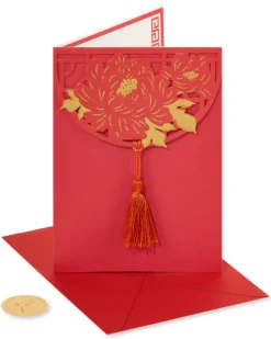Asian Lasercut Design, Red & Gold Blank Greeting Card