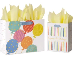 Balloons and Candles Birthday Gift Bags with Tissue Paper, 2 Bags, 8-Sheets