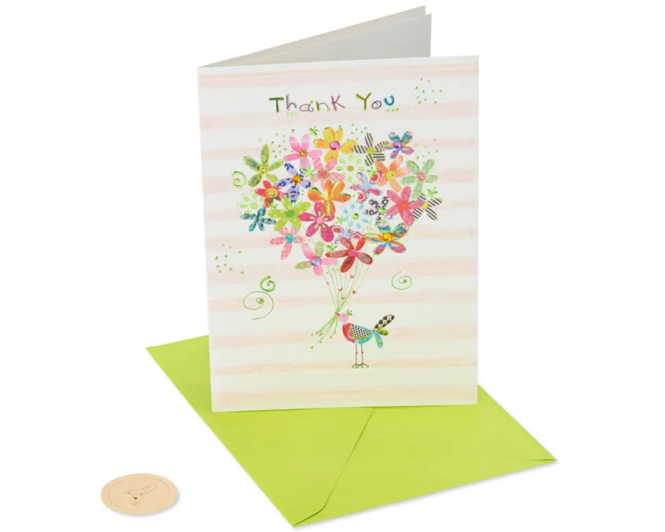 Birdie With Flowers Thank You Greeting Card – Designed by House of Turnowsky