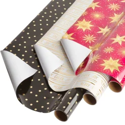 Black + Gold Dots, Joy, Stars Holiday Wrapping Paper Rolls, 3 Rolls