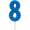 Blue Stripes Number 8 Birthday Candle, 1-Count