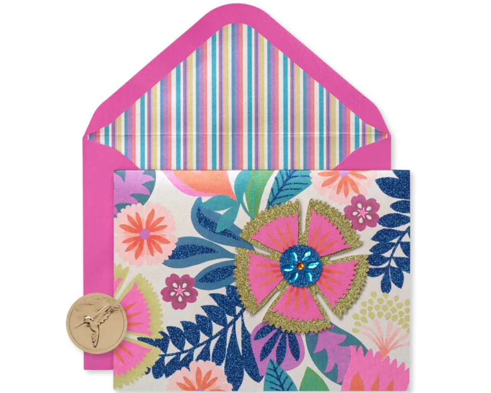 Bright Flowers Handmade Boxed Blank Note Cards with Glitter, 8-Count