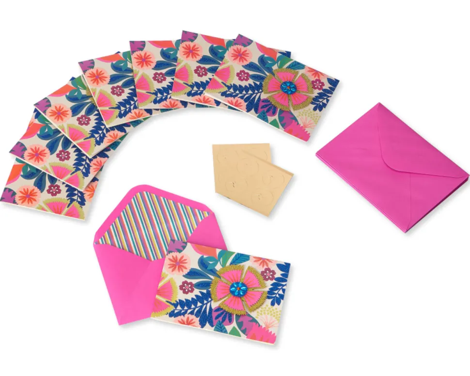 Bright Flowers Handmade Boxed Blank Note Cards with Glitter, 8-Count