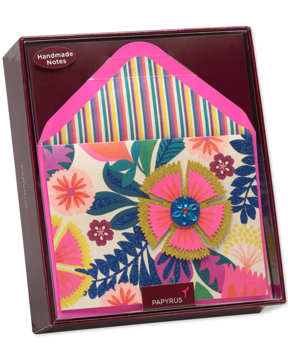 Bright Flowers Handmade Boxed Blank Note Cards with Glitter, 8-Count