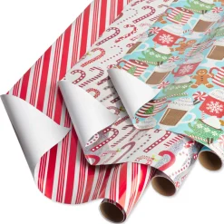 Candy Canes, Red + White Stripes, Hot Cocoa + Treats Holiday Wrapping Paper Rolls, 3 Rolls