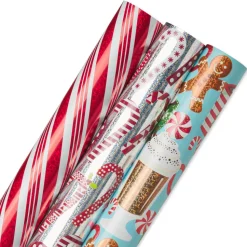 Candy Canes, Red + White Stripes, Hot Cocoa + Treats Holiday Wrapping Paper Rolls, 3 Rolls