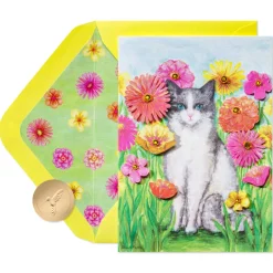 Cat & Flowers Blank Cat Birthday Greeting Card – Designed by Bella Pilar