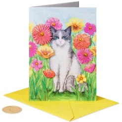 Cat & Flowers Blank Cat Birthday Greeting Card – Designed by Bella Pilar