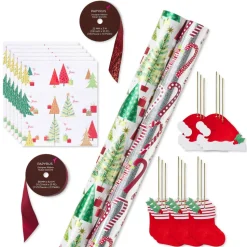 Christmas Trees and Candy Canes Holiday Wrapping Paper Set, 2 Rolls, 2 Ribbons, 5 Tags, 12 Labels