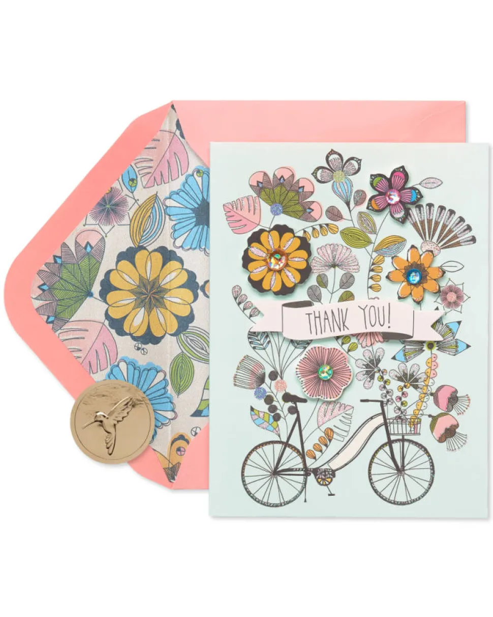 Flowers & Bike Handmade Thank You Boxed Blank Note Cards with Glitter, 8-Count