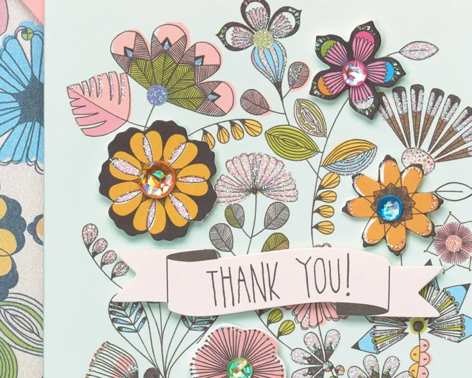 Flowers & Bike Handmade Thank You Boxed Blank Note Cards with Glitter, 8-Count