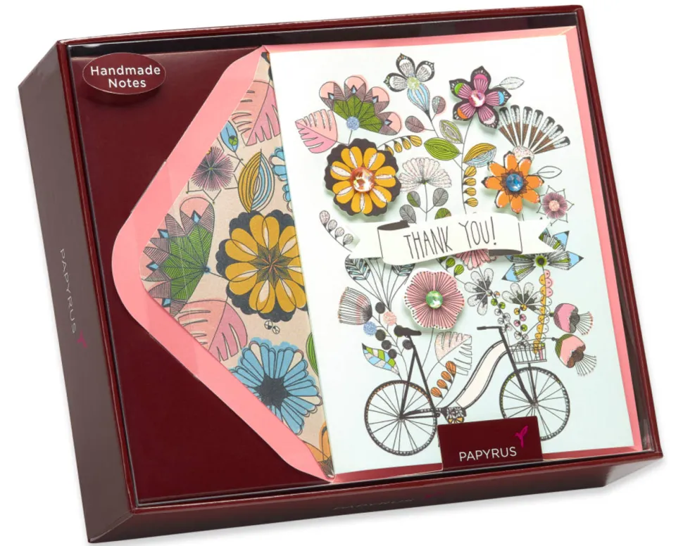 Flowers & Bike Handmade Thank You Boxed Blank Note Cards with Glitter, 8-Count