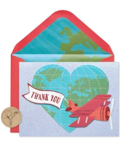 Globe with Plane Handmade Thank You Boxed Blank Note Cards with Glitter, 8-Count