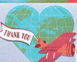 Globe with Plane Handmade Thank You Boxed Blank Note Cards with Glitter, 8-Count