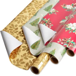 Gold Holly, Christmas Trees, White Floral Holiday Wrapping Paper Rolls, 3 Rolls