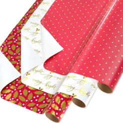 Greenery Lettering and Polka Dots Christmas Wrapping Paper Rolls, 3 Rolls