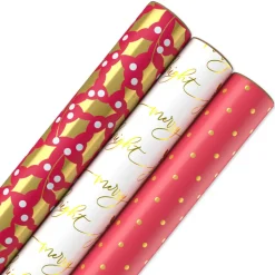 Greenery Lettering and Polka Dots Christmas Wrapping Paper Rolls, 3 Rolls