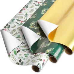 Holly, Wreath, Gold Holiday Wrapping Paper Rolls, 3 Rolls