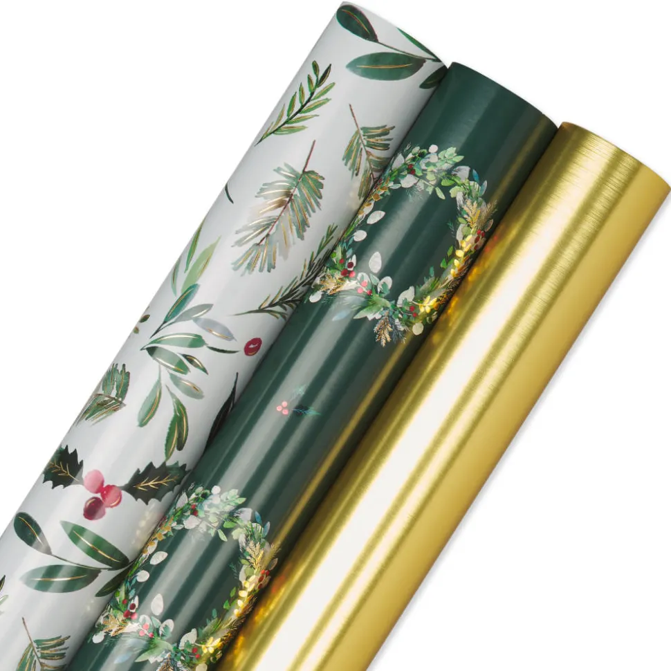 Holly, Wreath, Gold Holiday Wrapping Paper Rolls, 3 Rolls