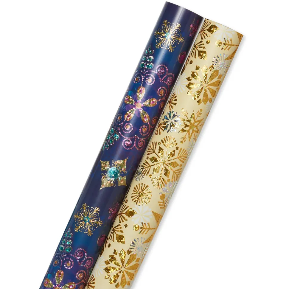 Jewel Tone Snowflakes and Holographic Snowflakes Holiday Wrapping Paper Rolls, 2 Rolls