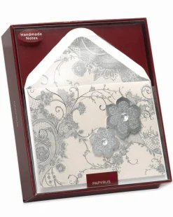 Lace and Flowers Handmade Boxed Blank Note Cards with Glitter, 8-Count
