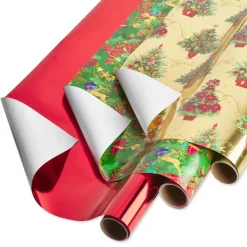Metallic Red, Christmas Tree, Christmas Tidings Holiday Wrapping Paper Rolls, 3 Rolls