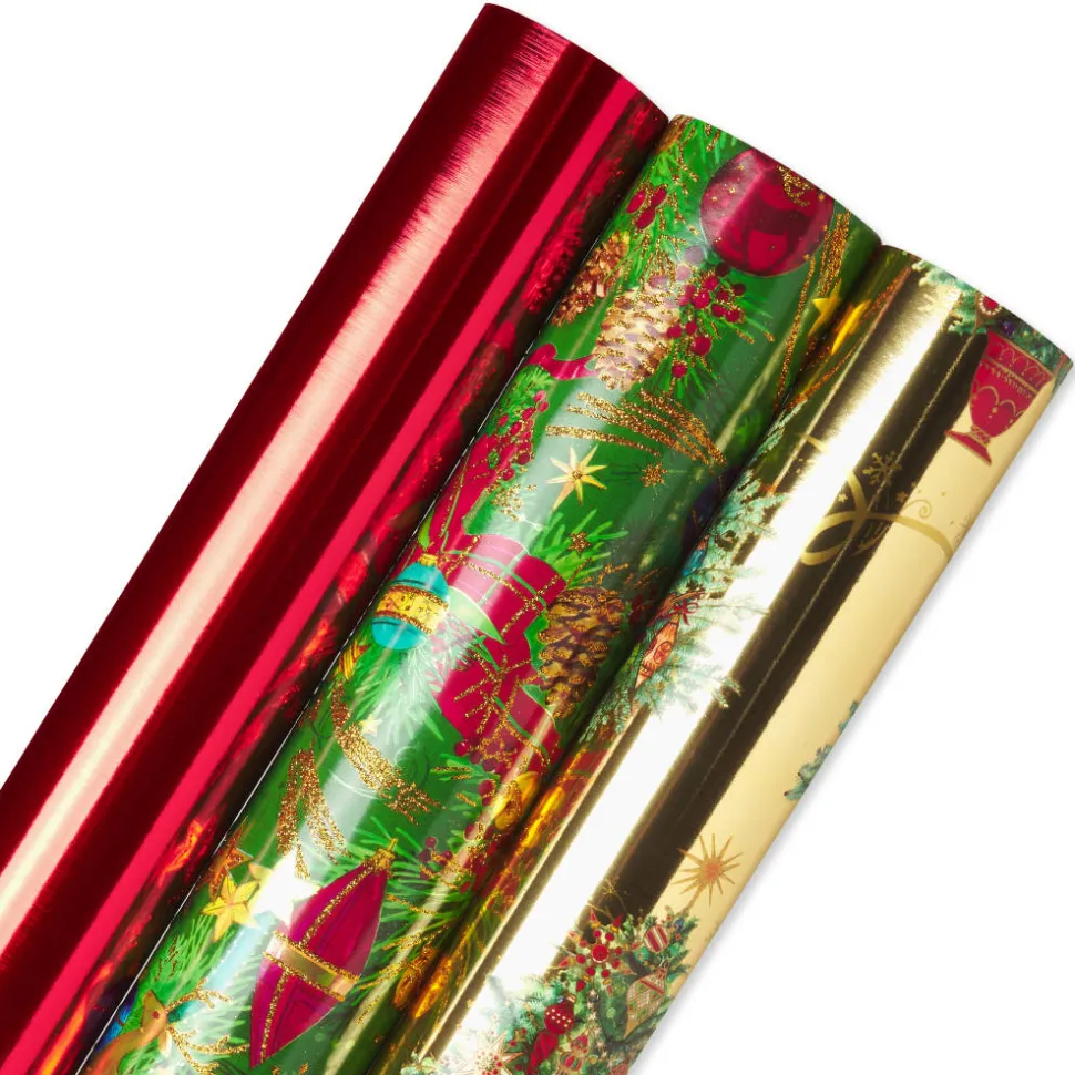 Metallic Red, Christmas Tree, Christmas Tidings Holiday Wrapping Paper Rolls, 3 Rolls