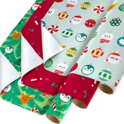 Ornaments, Santa Hats and Animals Christmas Wrapping Paper Rolls, 3 Rolls