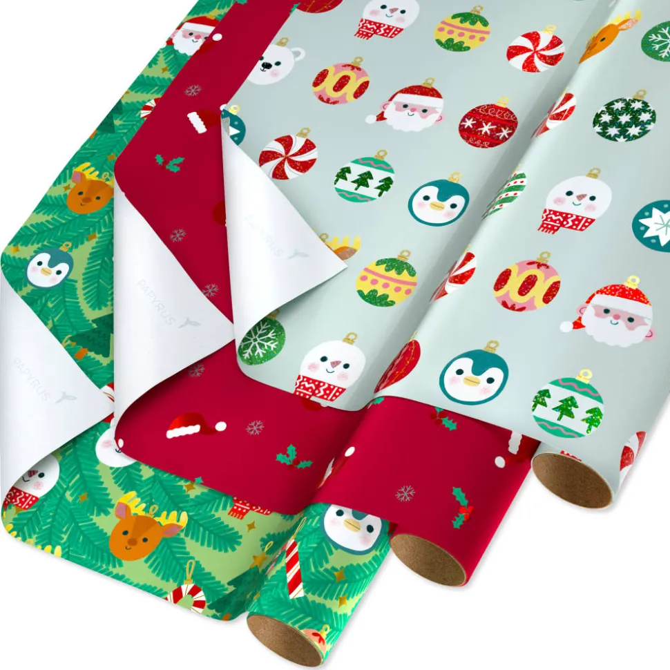 Ornaments, Santa Hats and Animals Christmas Wrapping Paper Rolls, 3 Rolls