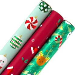 Ornaments, Santa Hats and Animals Christmas Wrapping Paper Rolls, 3 Rolls