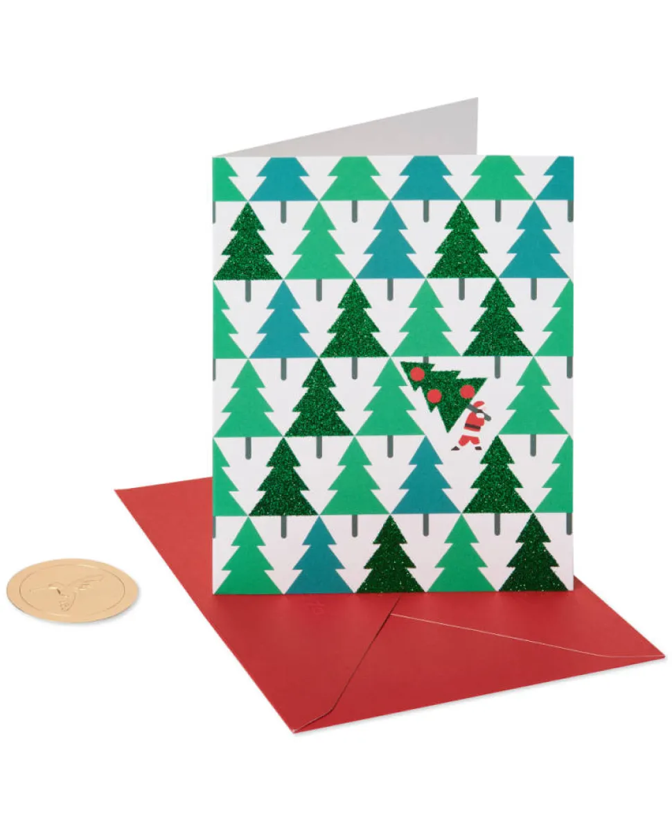 Pine Trees with Santa Holiday Christmas Boxed Cards – Glitter, 20-Count