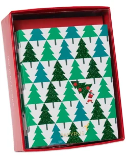 Pine Trees with Santa Holiday Christmas Boxed Cards – Glitter, 20-Count