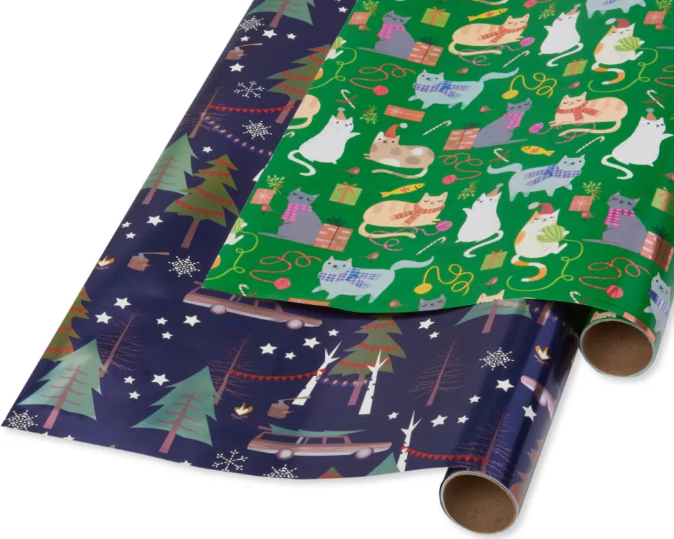 Playful Cats, Cars and Trees Holiday Wrapping Paper Rolls, 2 Rolls