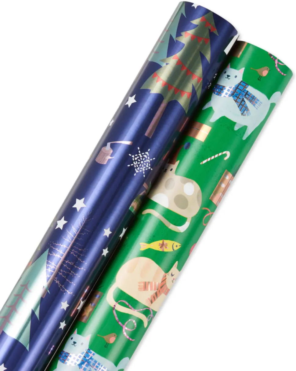 Playful Cats, Cars and Trees Holiday Wrapping Paper Rolls, 2 Rolls