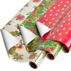 Poinsettias, Christmas Tidings, Red + Gold Trees Holiday Wrapping Paper Rolls, 3 Rolls