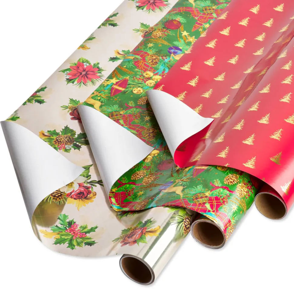 Poinsettias, Christmas Tidings, Red + Gold Trees Holiday Wrapping Paper Rolls, 3 Rolls