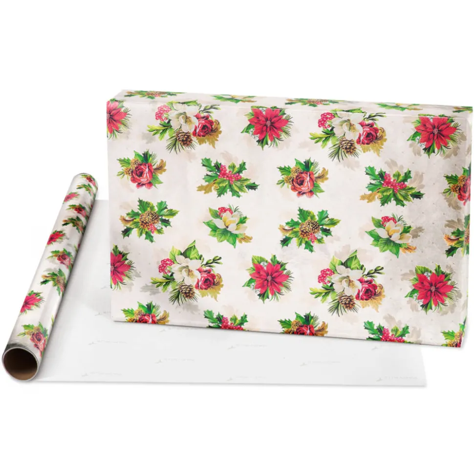 Poinsettias, Christmas Tidings, Red + Gold Trees Holiday Wrapping Paper Rolls, 3 Rolls