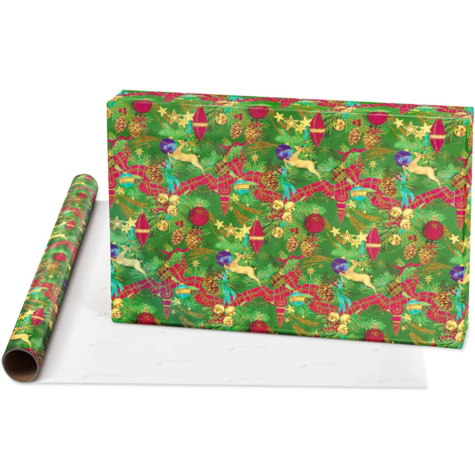 Poinsettias, Christmas Tidings, Red + Gold Trees Holiday Wrapping Paper Rolls, 3 Rolls