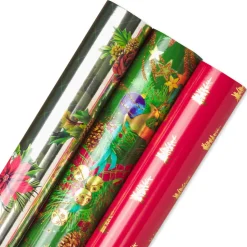 Poinsettias, Christmas Tidings, Red + Gold Trees Holiday Wrapping Paper Rolls, 3 Rolls