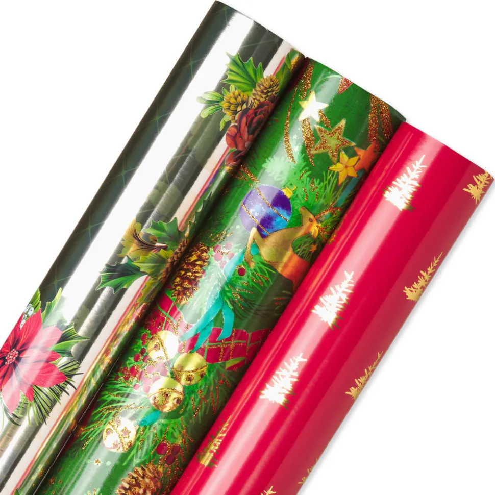 Poinsettias, Christmas Tidings, Red + Gold Trees Holiday Wrapping Paper Rolls, 3 Rolls