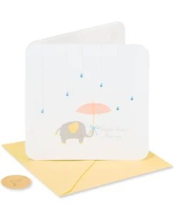 Raindrops Umbrella and Elephant Baby Shower Greeting Card