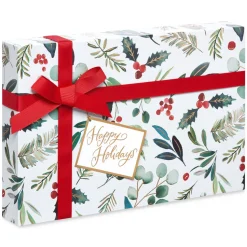 Red Holly Holiday Gift Box Set, 4 Boxes, 4 Gift Tags, One Ribbon, 8 Sheets of Solid Tissue