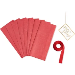 Red Holly Holiday Gift Box Set, 4 Boxes, 4 Gift Tags, One Ribbon, 8 Sheets of Solid Tissue