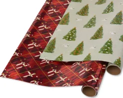 Red Plaid and Pine Trees Holiday Wrapping Paper Rolls, 2 Rolls