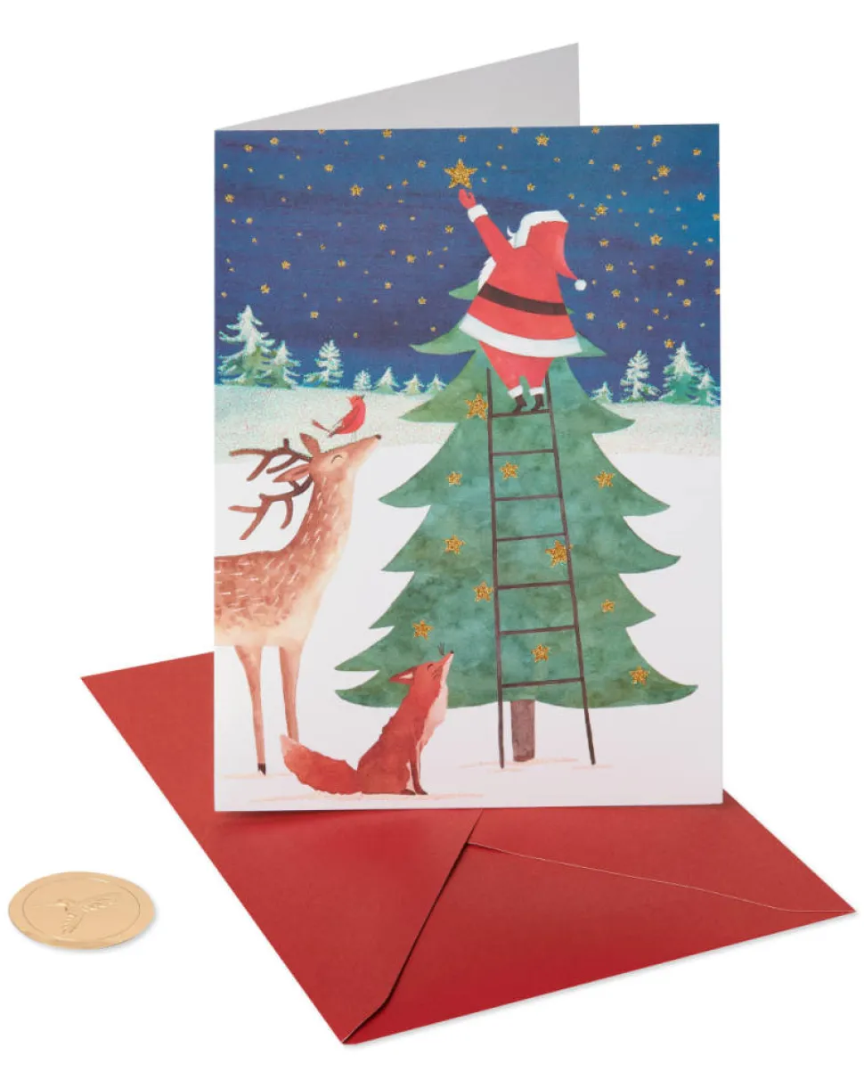 Santa Reaching for a Holiday Star Christmas Cards Boxed, 14-Count
