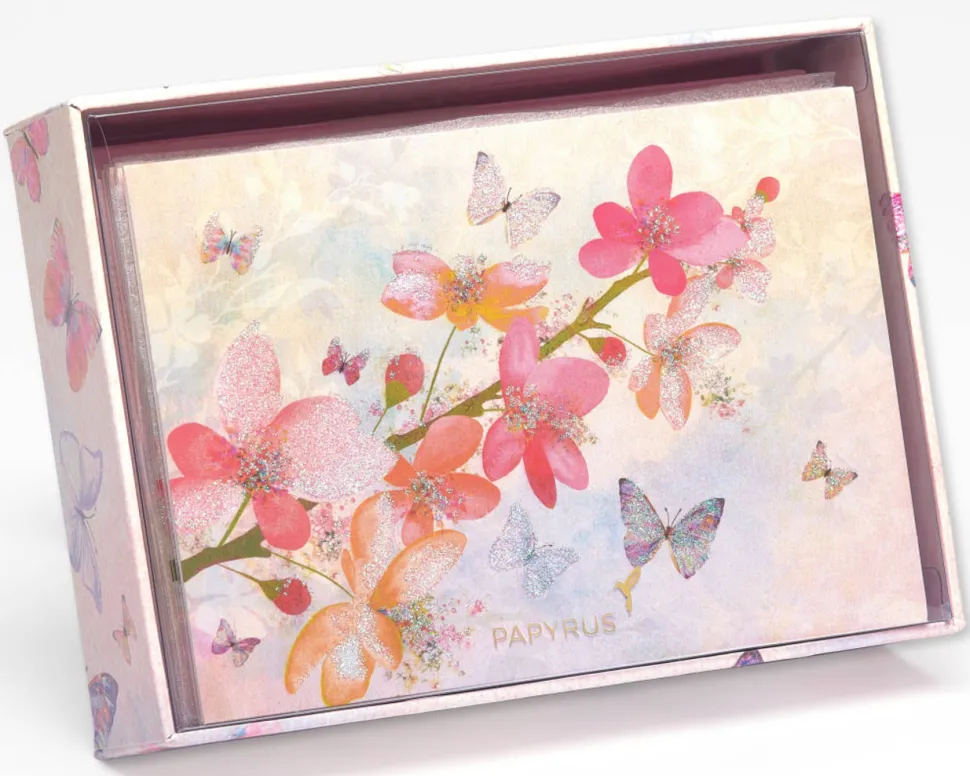 Scattered Blossoms Boxed Blank Note Cards with Glitter and Envelopes – BCRF Partnership, 12-Count