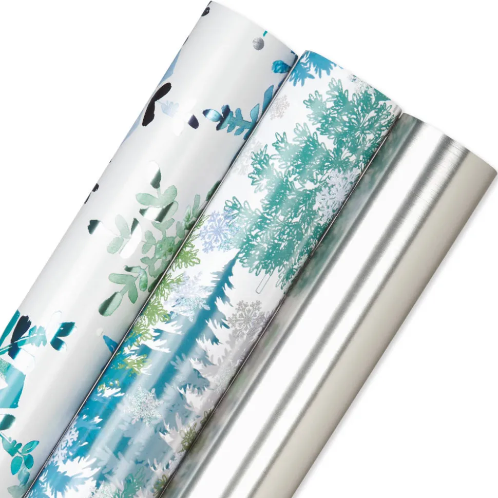 Snowflakes, Silver, Forest Holiday Wrapping Paper Rolls, 3 Rolls