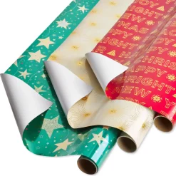 Teal + Gold Stars, Christmas Text, Gold Stars Holiday Wrapping Paper Rolls, 3 Rolls