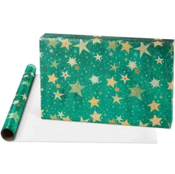 Teal + Gold Stars, Christmas Text, Gold Stars Holiday Wrapping Paper Rolls, 3 Rolls