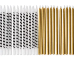White and Black Stripe and Gold Birthday Candles, 24-Count